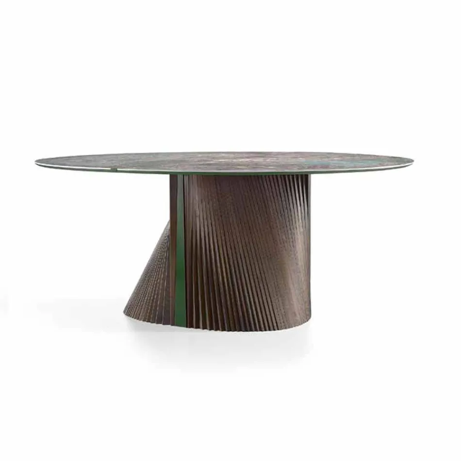 Round Design Dining Table in Polished Stoneware and Wood Made in Italy - Madame Viadurini