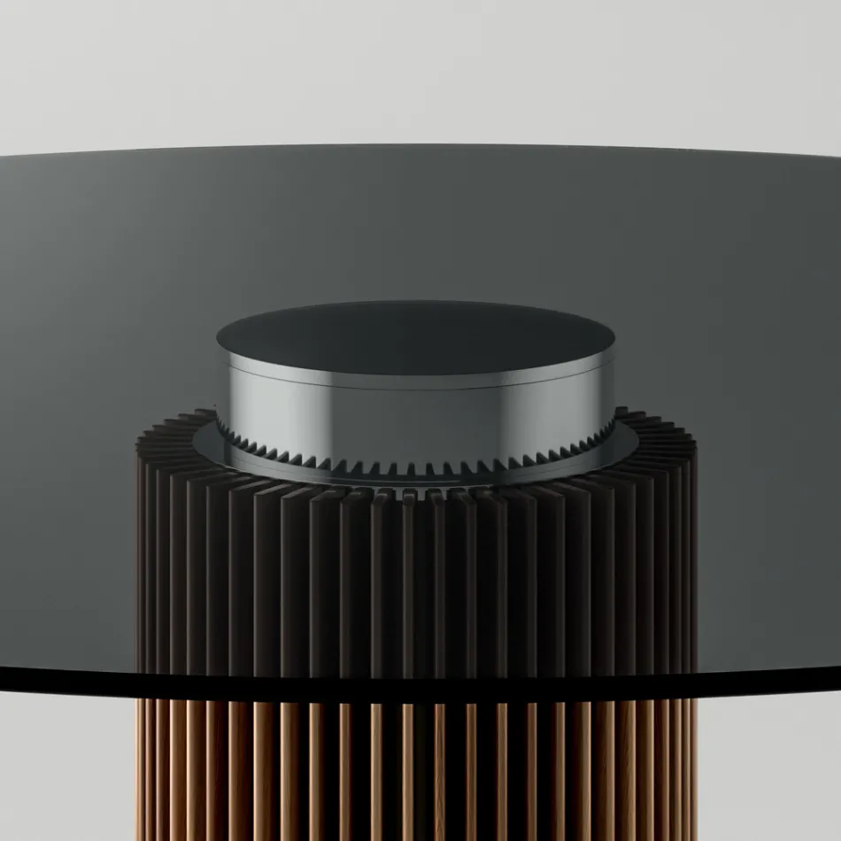 Round Dining Table in Smoked Glass with Wooden Base Made in Italy - Rondo Viadurini