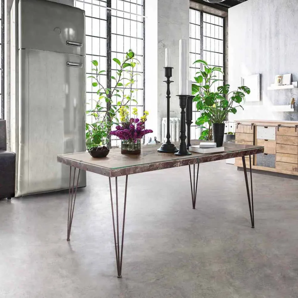 Industrial Style Dining Table with Top in Mdf and Glass Homemotion - Brasil Viadurini