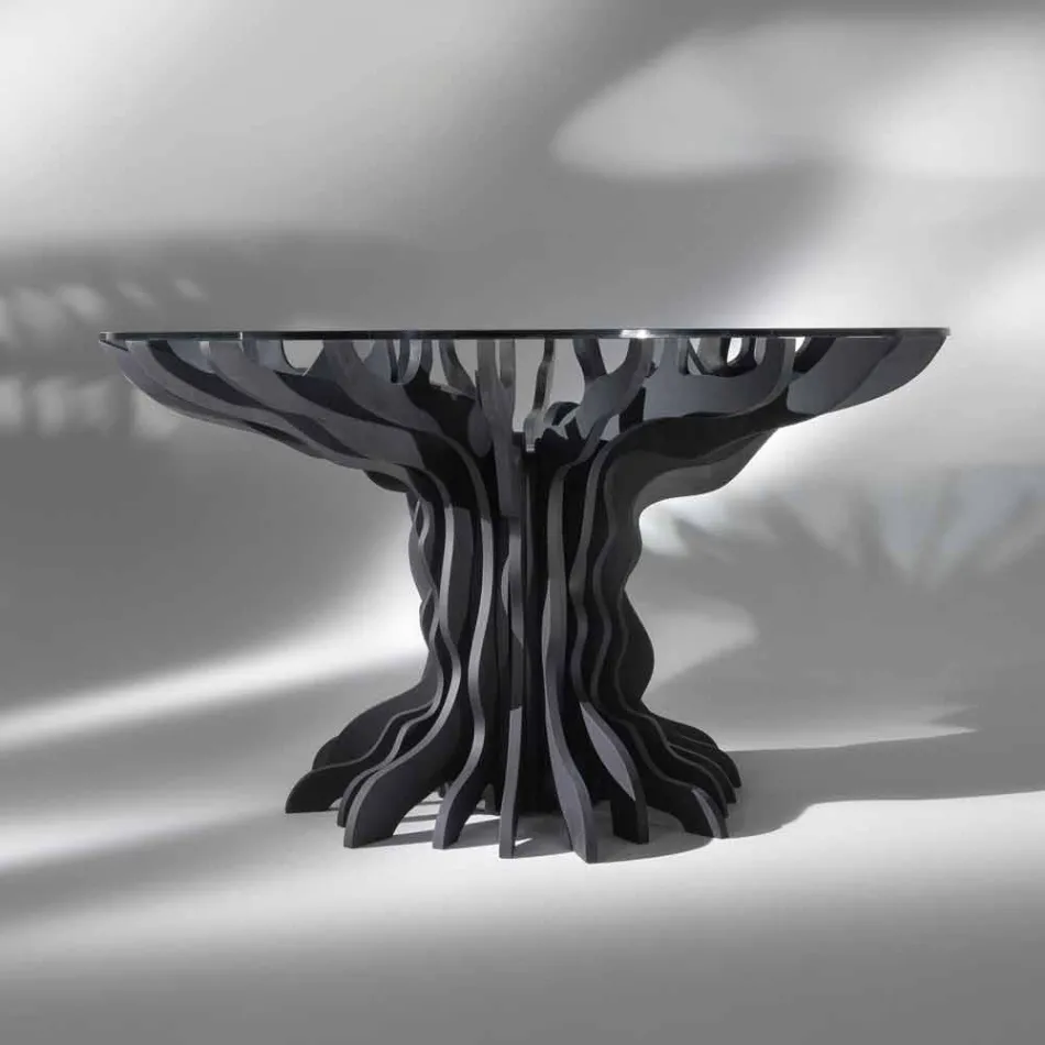 Cassia round dining table, black wooden top and crystal top Viadurini