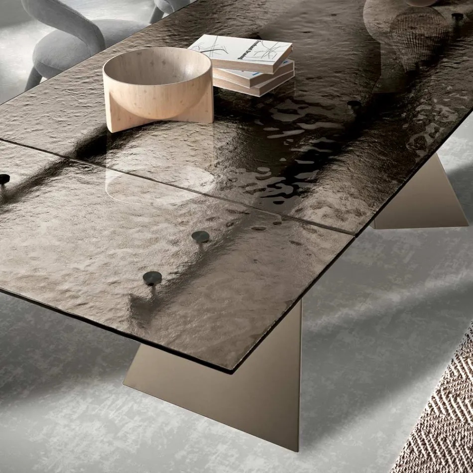 160x90 Living Room Table with Transparent Hammered Glass Top - Martello Viadurini