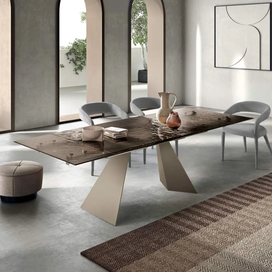 160x90 Living Room Table with Transparent Hammered Glass Top - Martello Viadurini