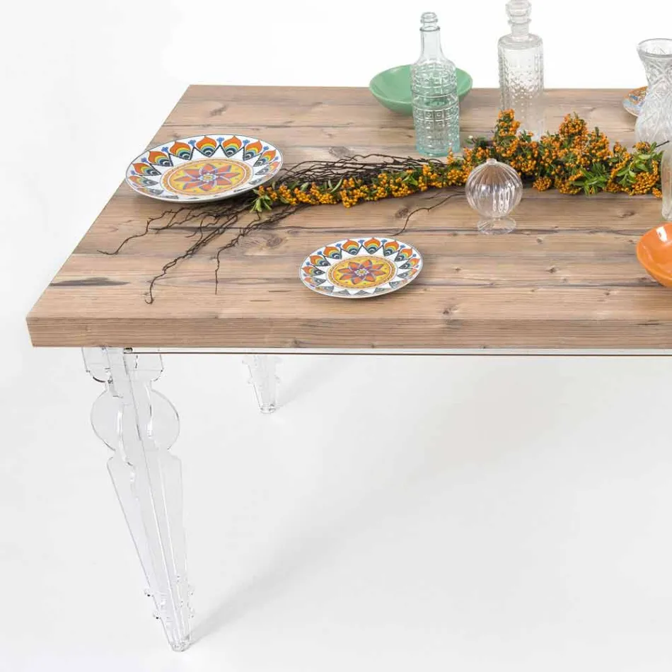 Design table in fir wood and plexiglass made in Italy, Castro Viadurini