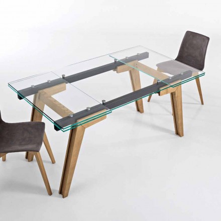 Extendable table made of glass and solid wood made in Italy, Dimitri Viadurini