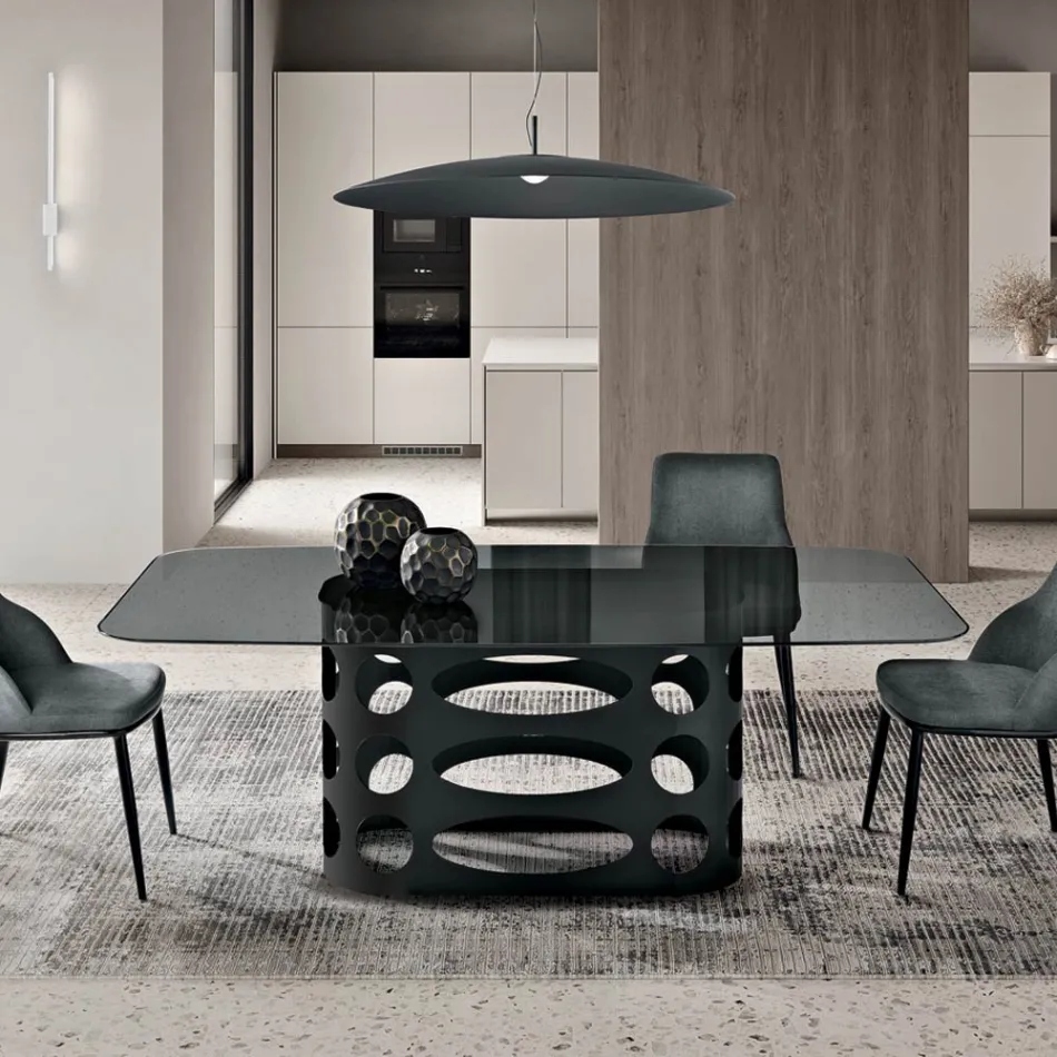 Fixed Table 210x110 cm with Smooth Smoked Glass Top Made in Italy - Tano Viadurini