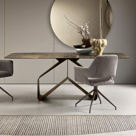 Fixed Table 210x110 cm with Hammered Glass Top and Metal Base - Adriano Viadurini