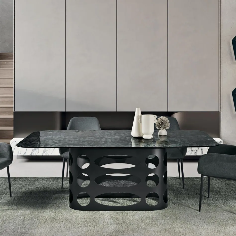 Fixed Table 210x110 cm with Hammered Glass Top Made in Italy - Tano Viadurini