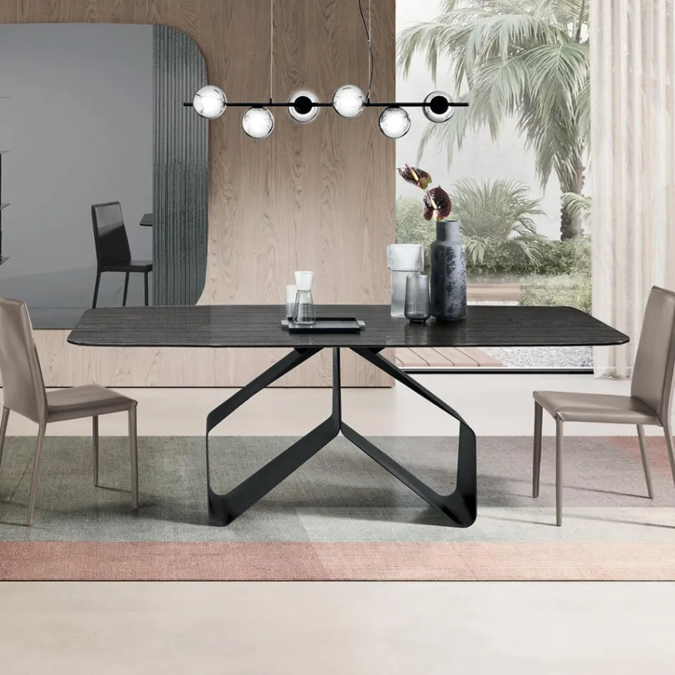 Fixed Table 210x110 cm with Ribbed Glass Top and Metal Base - Adriano Viadurini