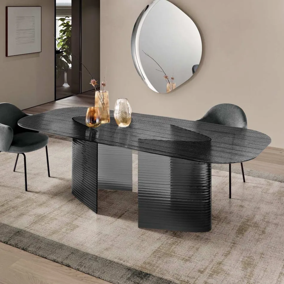 Fixed Table 240x120 cm in Transparent Ribbed Glass Made in Italy - Varo Viadurini