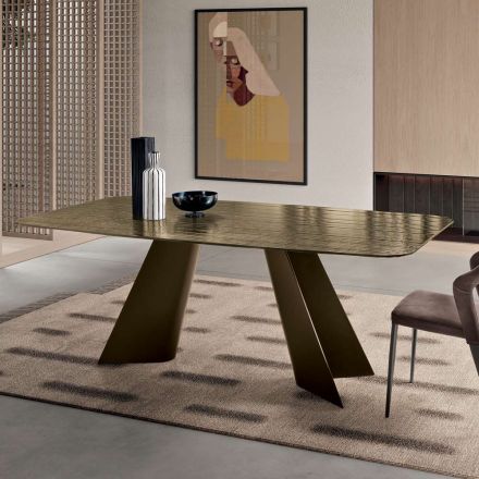 Fixed Table with Metal Base and Ribbed Glass Top Made in Italy - Lumo Viadurini
