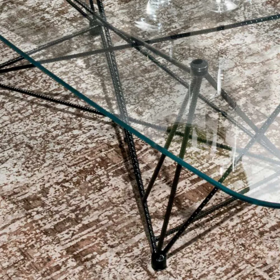 Fixed Table with Barrel-Shaped Glass Top and Steel Base Made in Italy - Ezzellino Viadurini