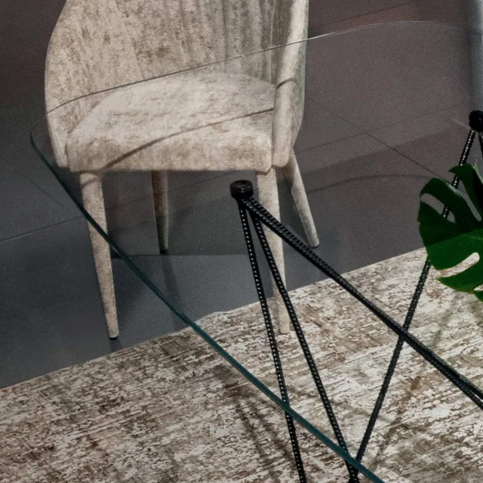 Fixed Table with Barrel-Shaped Glass Top and Steel Base Made in Italy - Ezzellino Viadurini