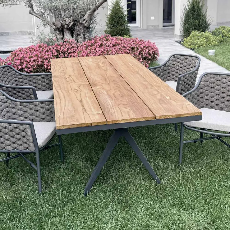 Fixed Outdoor Table 220x100 cm in Aluminium and Solid Teak - Nara Viadurini