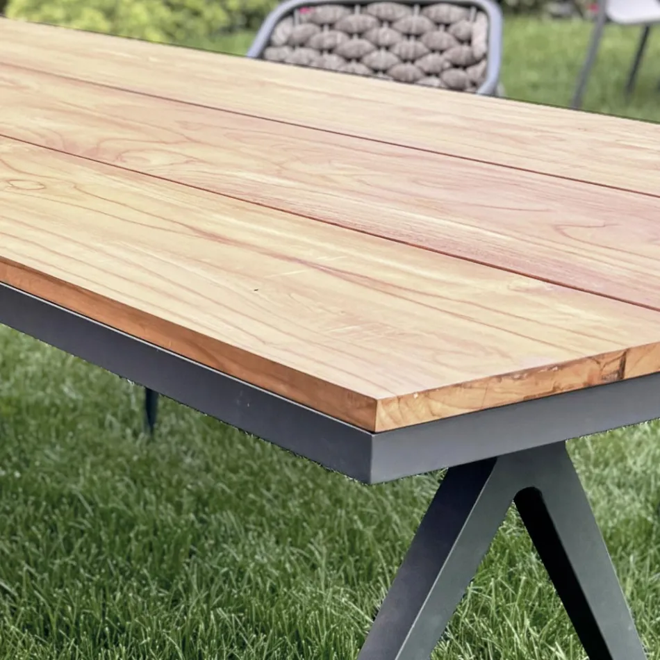 Fixed Outdoor Table 220x100 cm in Aluminium and Solid Teak - Nara Viadurini