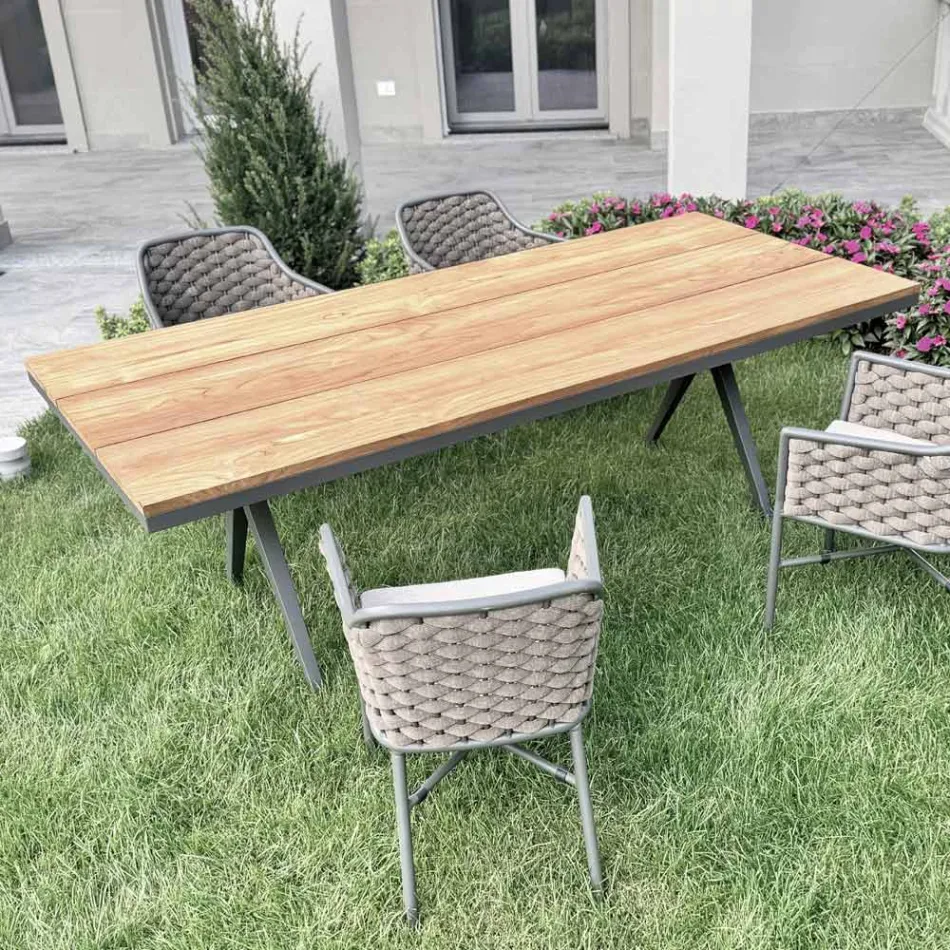 Fixed Outdoor Table 220x100 cm in Aluminium and Solid Teak - Nara Viadurini