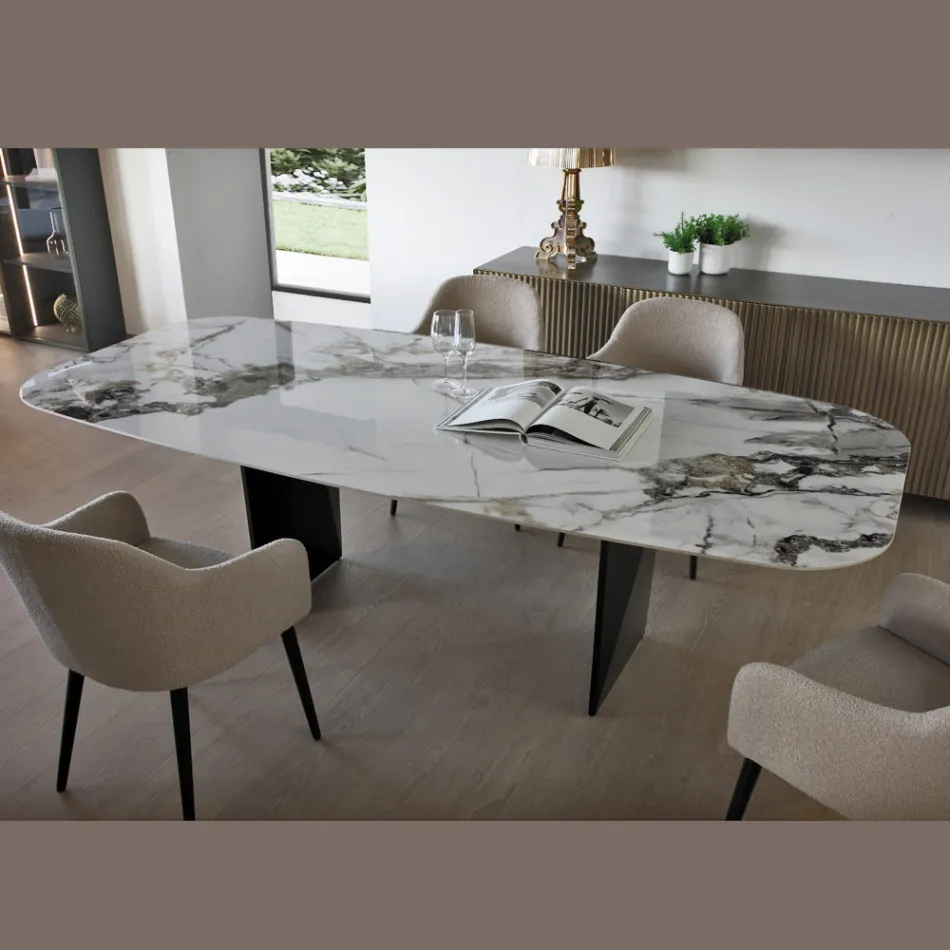 Fixed Table in Metal and Ceramic Top Arabesque Glossy - Eronte Viadurini