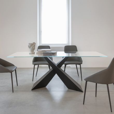 Fixed Table in Metal and Transparent Tempered Glass Top - Talvoro Viadurini