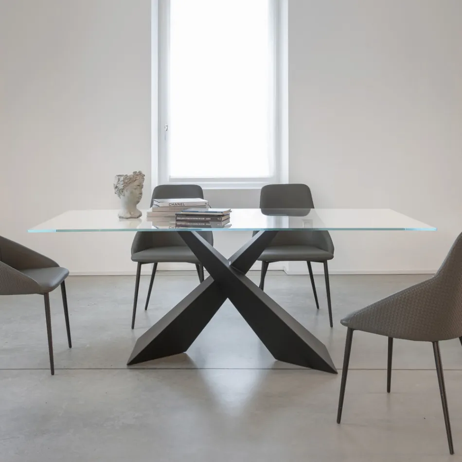 Fixed Table in Metal and Transparent Tempered Glass Top - Talvoro Viadurini