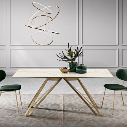 Fixed table in Calacatta Oro glass ceramic and metal Made in Italy - Meluso Viadurini