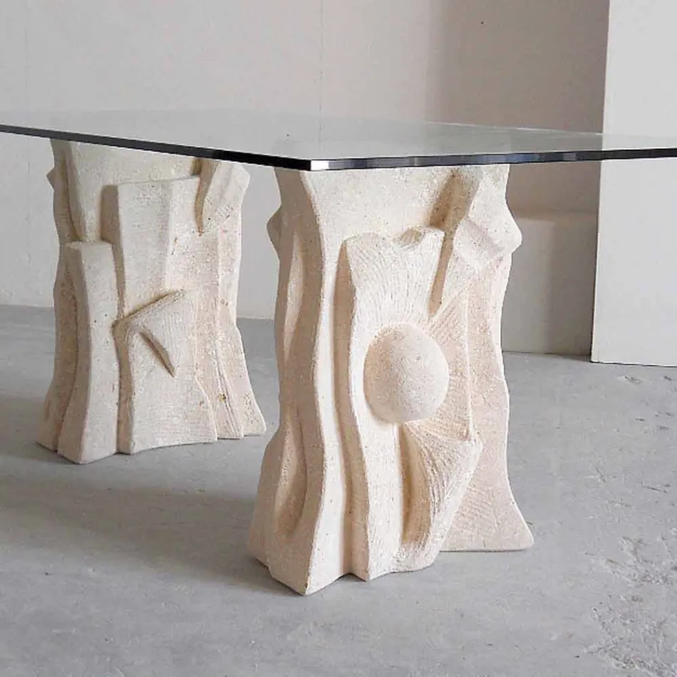 Stone table with modern design crystal top Priamo Viadurini