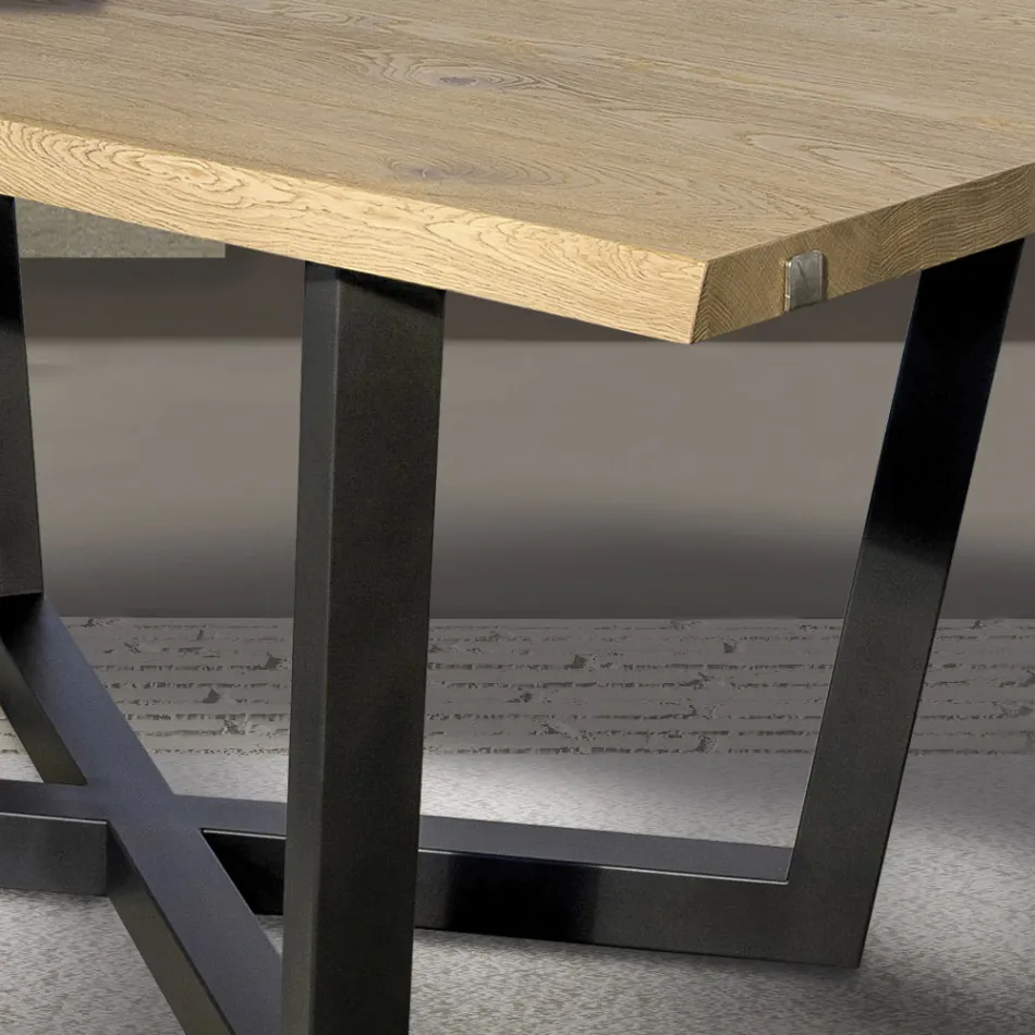 Knotted Oak Table with Iron Grey Metal Base Made in Italy - Gonna Viadurini