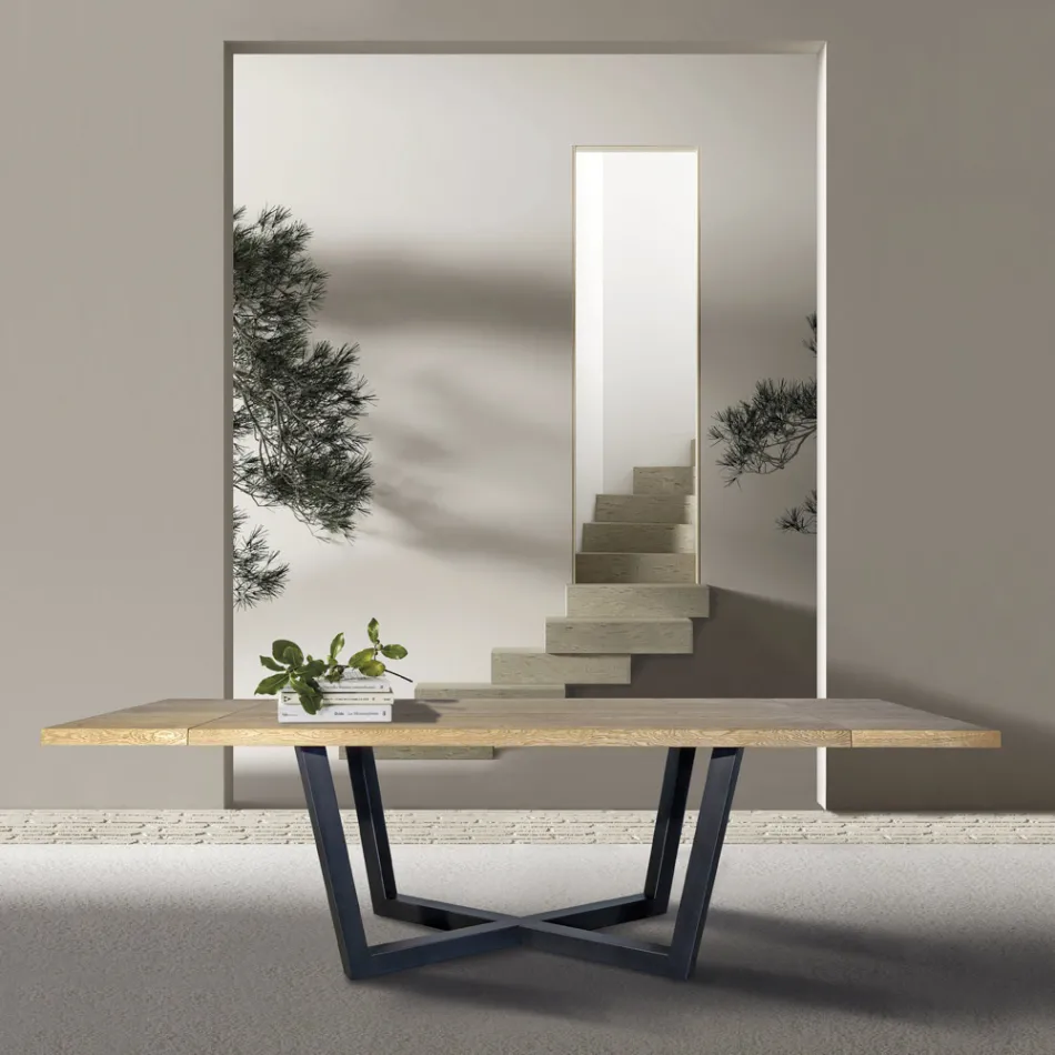 Knotted Oak Table with Iron Grey Metal Base Made in Italy - Gonna Viadurini