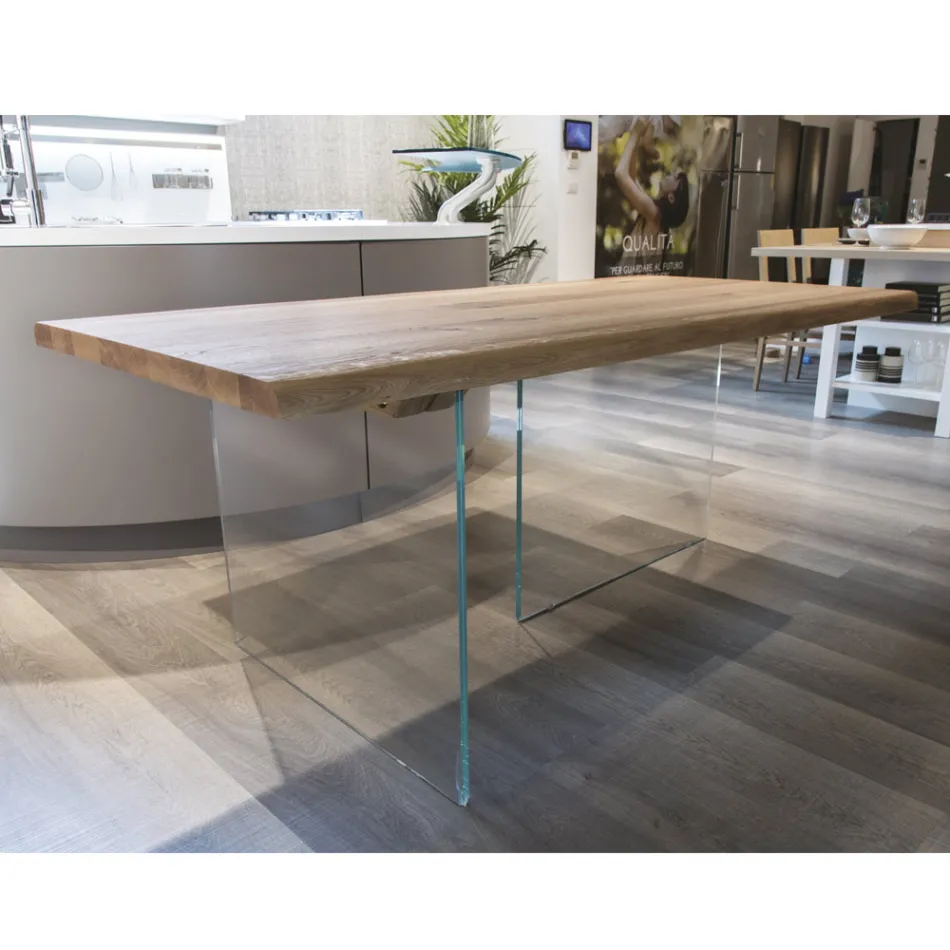 Solid Oak Plated Table and Crystal Base Made in Italy - Noelia Viadurini