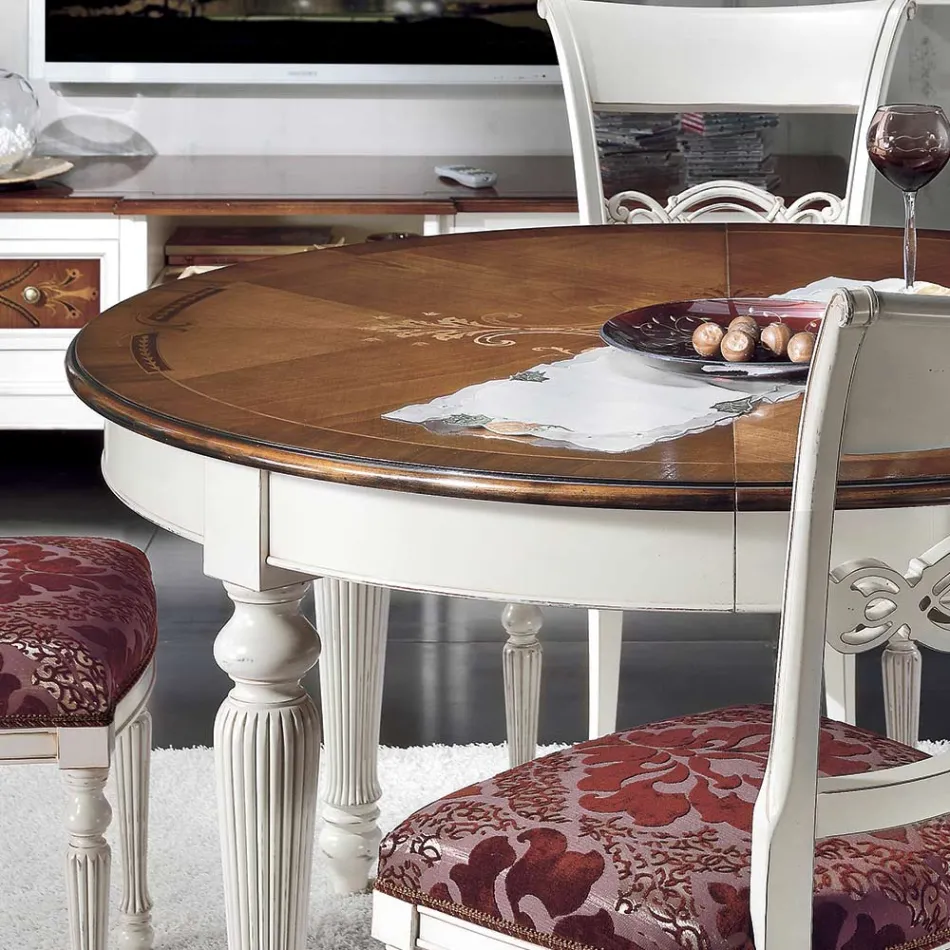 Extendable Round Table with Inlay and 4 Chairs Made in Italy - Alite Viadurini