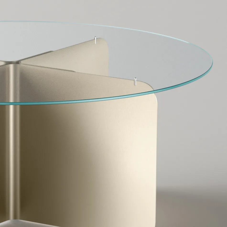 Round Table with Extra-clear Glass Top and Champagne Base - Piacere Viadurini