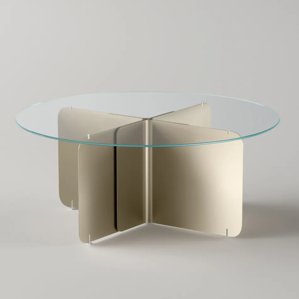 Round Table with Extra-clear Glass Top and Champagne Base - Piacere Viadurini