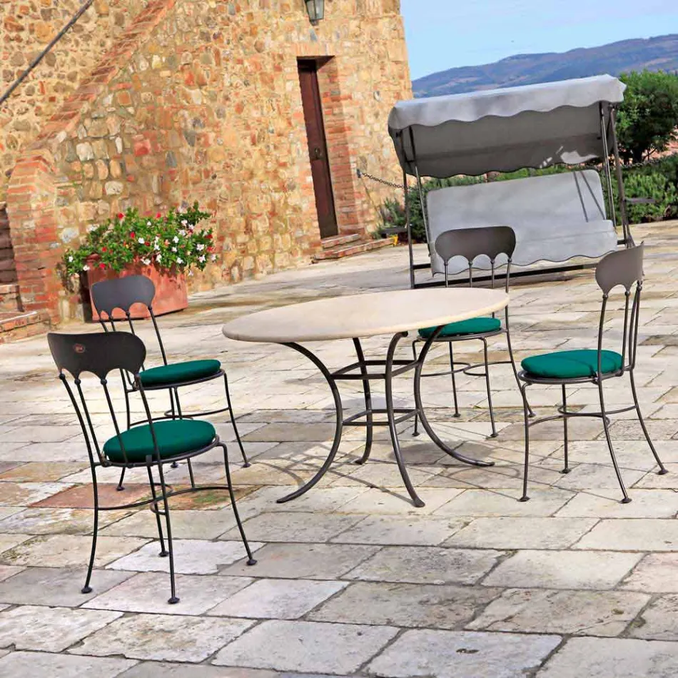 Round Outdoor Table with Travertine Top Made in Italy - Scotland Viadurini
