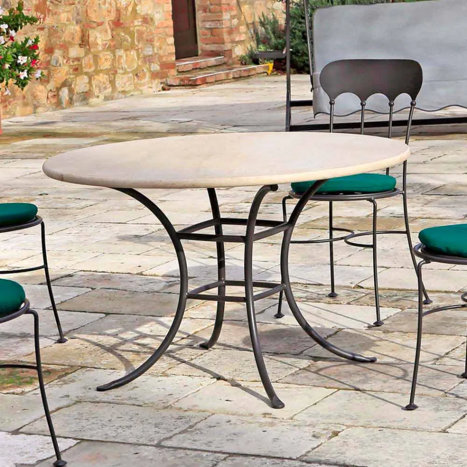 Round Outdoor Table with Travertine Top Made in Italy - Scotland Viadurini