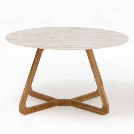 Round Outdoor Table in Light Travertine Ceramic Made in Italy - Pegaso Viadurini
