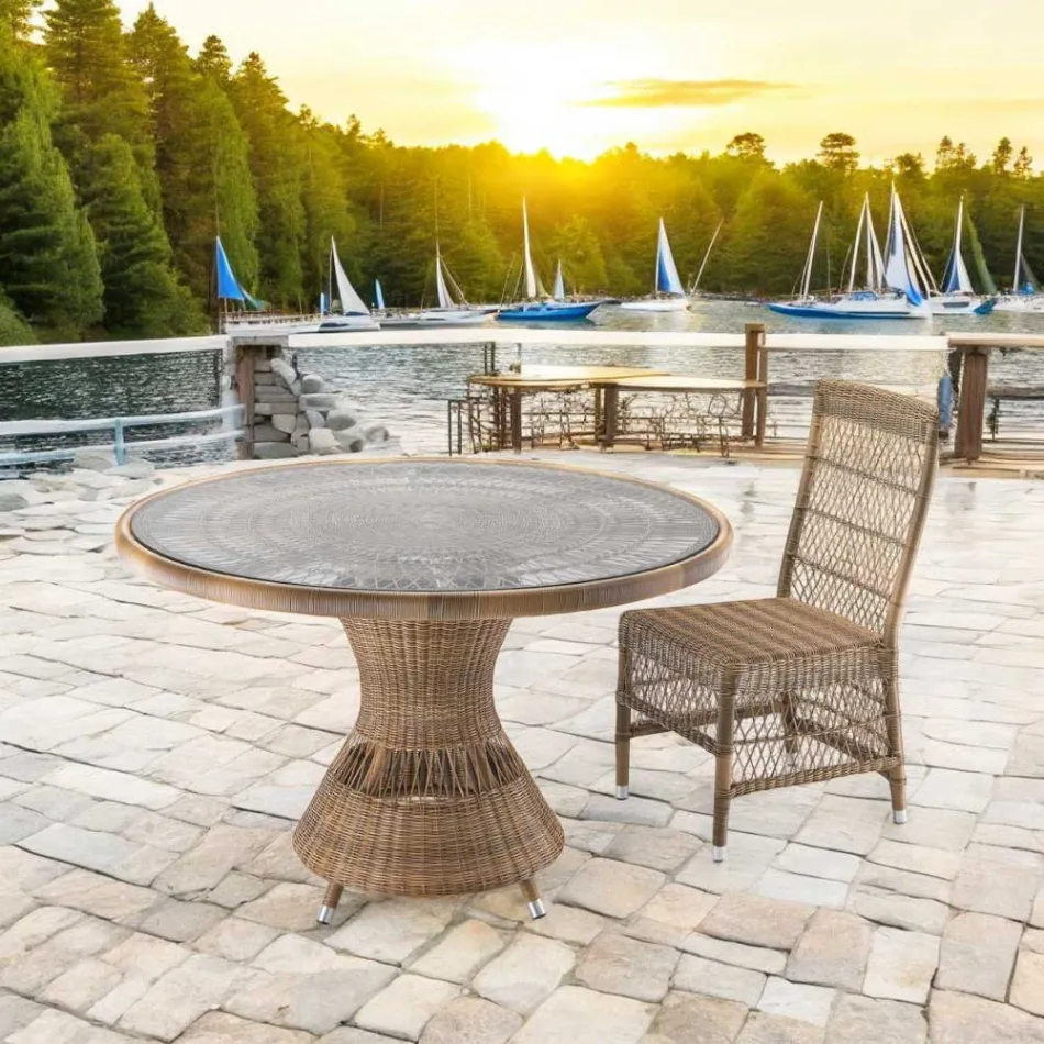 Round Outdoor Table in Polyrattan with Glass Top - Gigi Viadurini