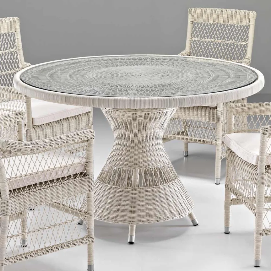 Round Outdoor Table in Polyrattan with Glass Top - Gigi Viadurini