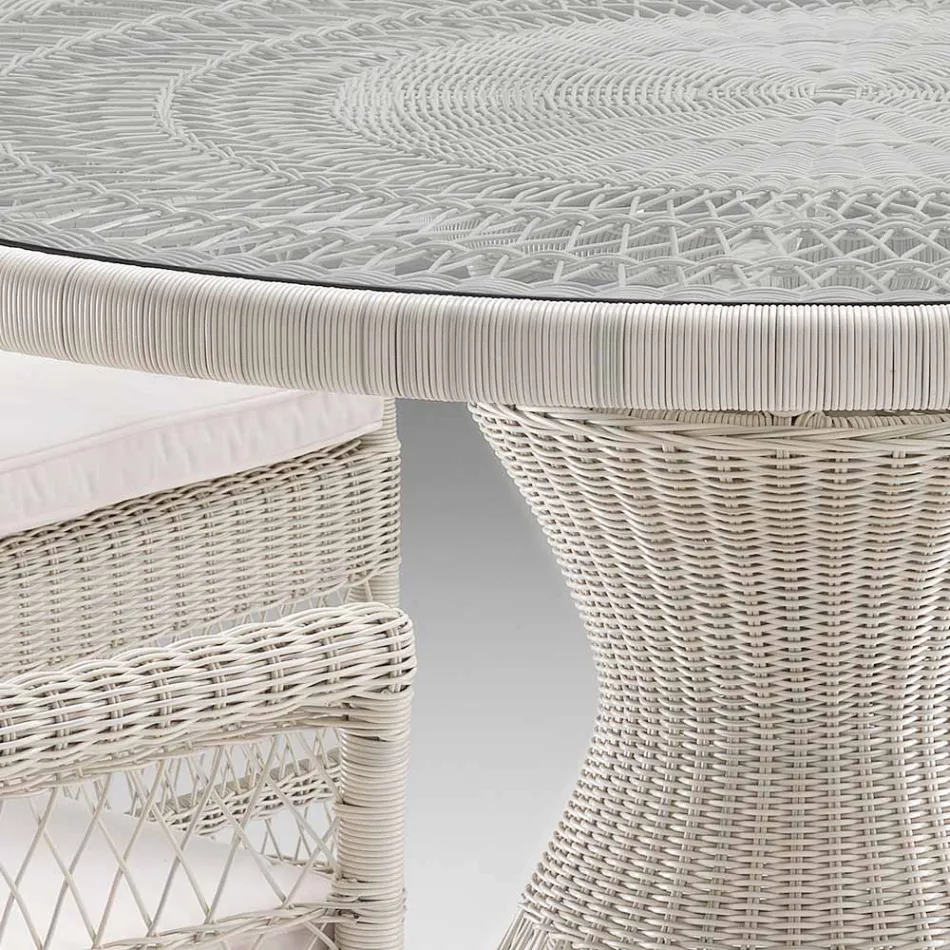 Round Outdoor Table in Polyrattan with Glass Top - Gigi Viadurini