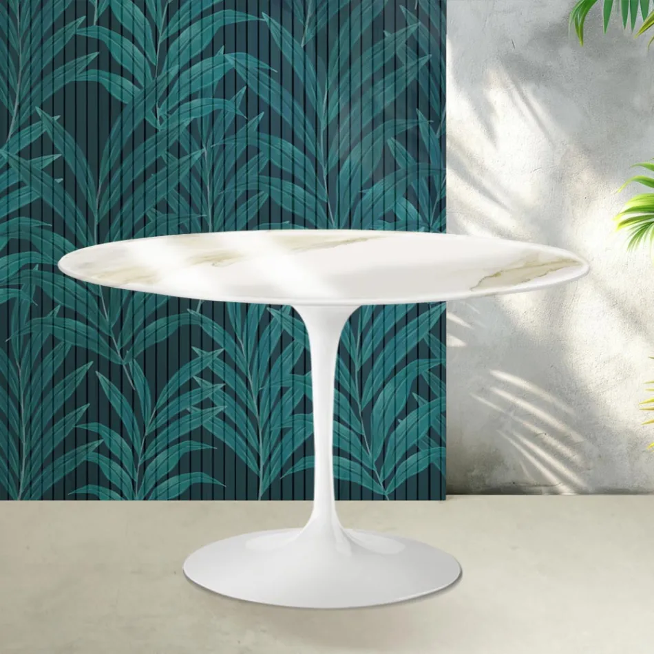 Saarinen Tulip Round Table H 74 cm in Florim Calacatta Gold Gloss Ceramic - Scarlet Viadurini