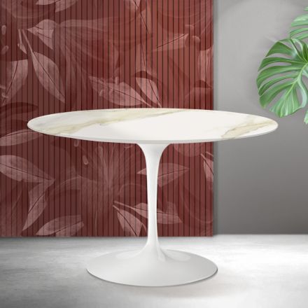 Saarinen Tulip Round Table H 74 cm in Florim Calacatta Gold Matt Ceramic - Scarlet Viadurini