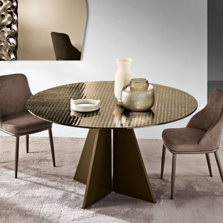 Round Table in Back-Silvered Striped Glass in Two Sizes Made in Italy - Armon Viadurini