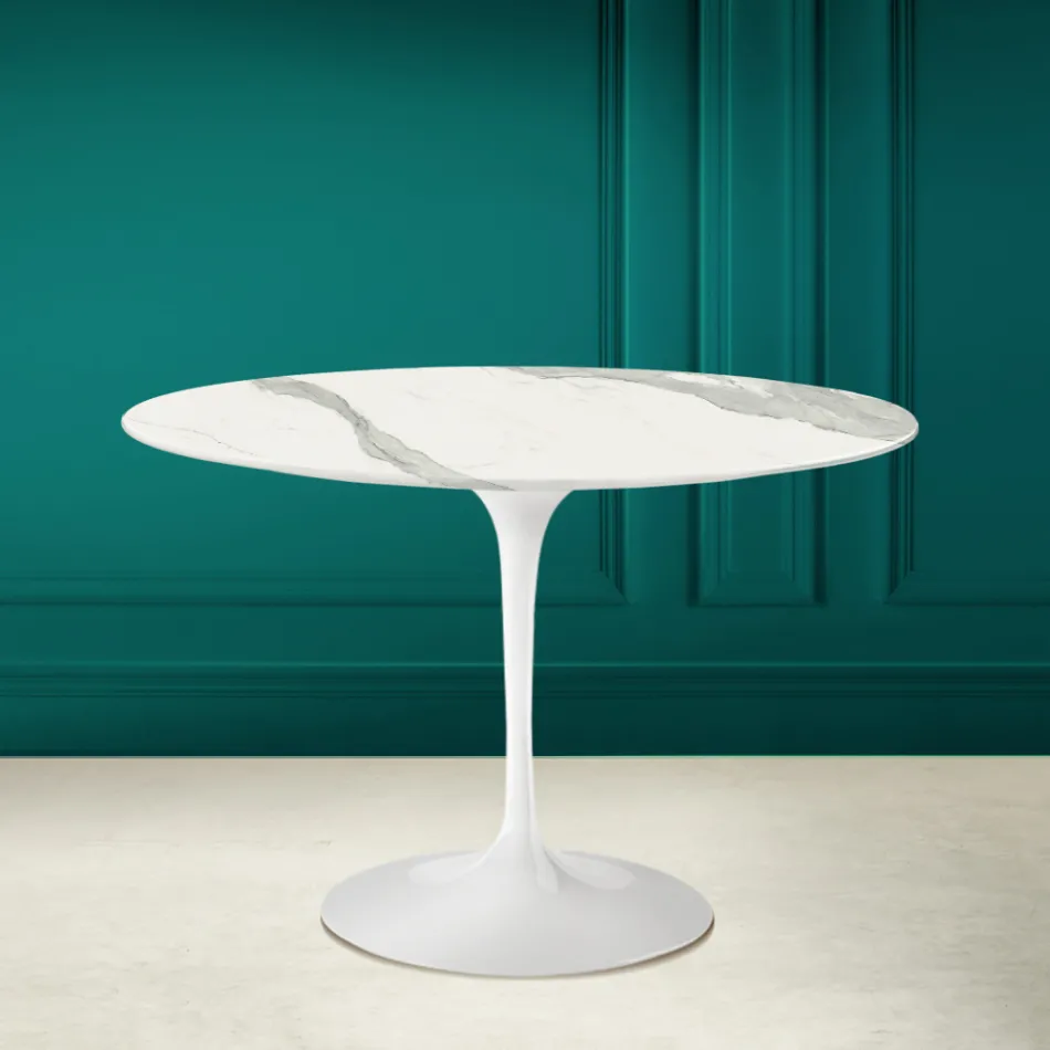 Tulip Table Eero Saarinen H 73 in Statuario Full Vein Ceramic Made in Italy - Scarlet Viadurini