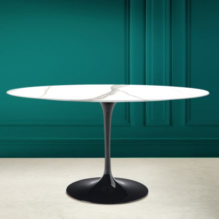 Tulip Table Eero Saarinen H 73 Oval in Calacatta Michelangelo Ceramic Viadurini