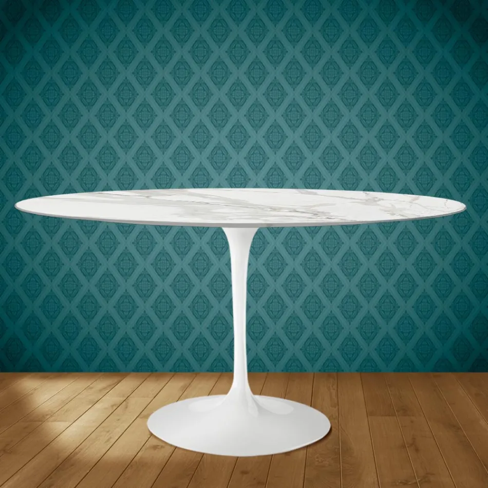 Tulip Table Eero Saarinen H 73 Oval in Ceramic Morpheus Made in Italy - Scarlet Viadurini