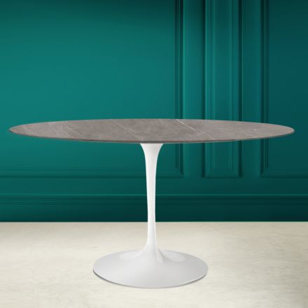 Tulip Table Eero Saarinen H 73 Oval in Ceramic Pietra Grey Made in Italy - Scarlet Viadurini