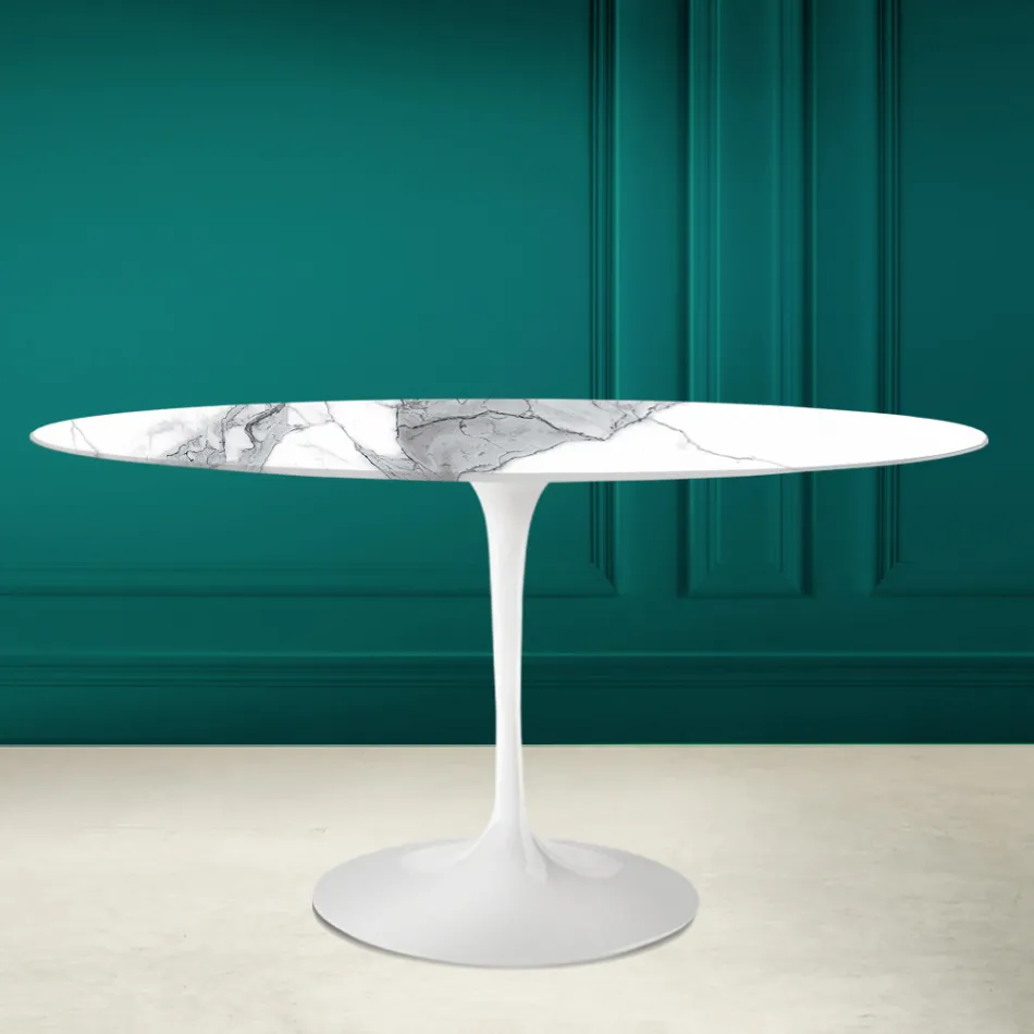 Tulip Table Eero Saarinen H 73 Oval in Statuario Altissimo Ceramic Made in Italy - Scarlet Viadurini