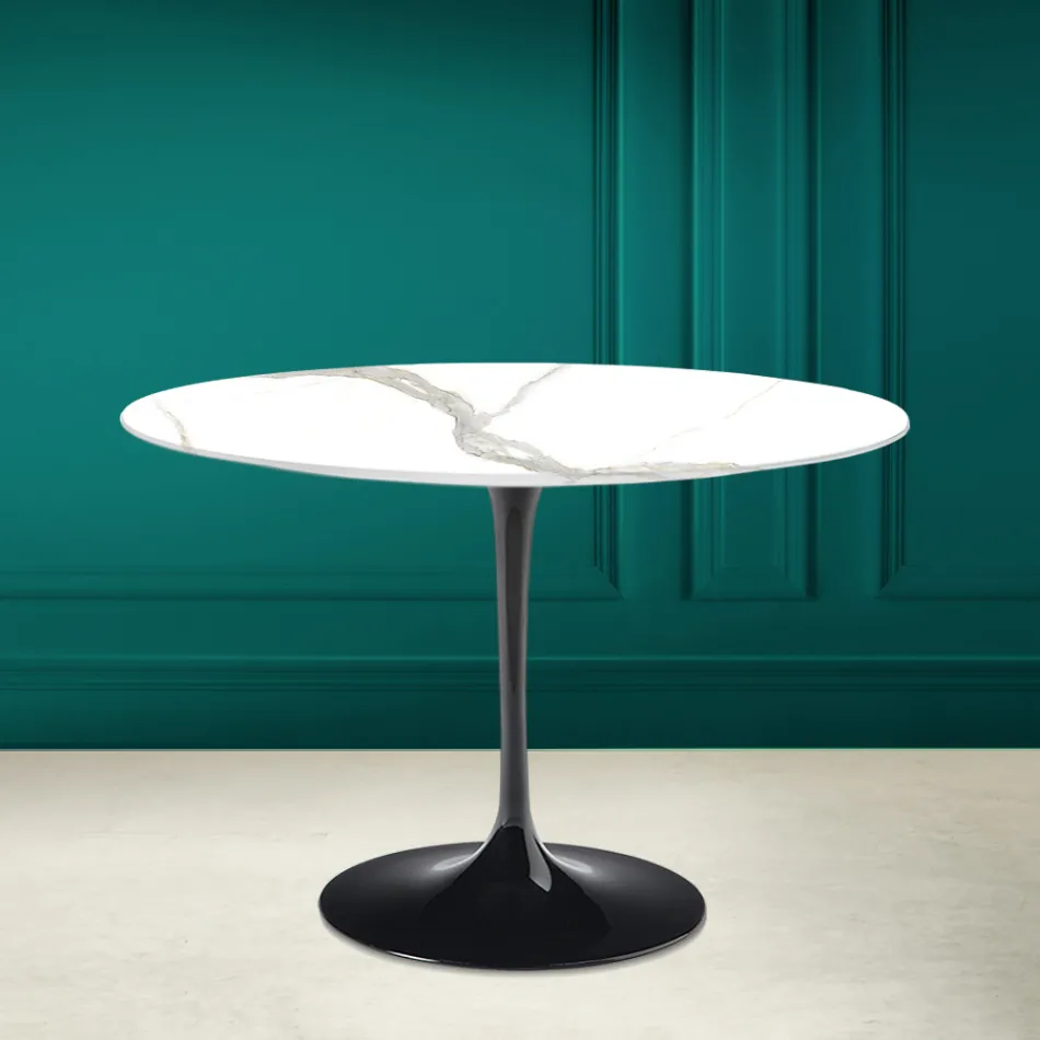 Tulip Table Saarinen H 73 Round in Ceramic Calacatta Michelangelo  Viadurini
