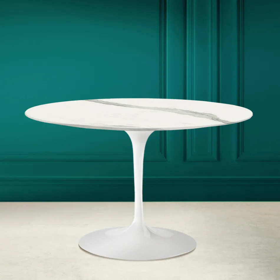 Tulip Table Saarinen H 73 Round in Statuary Ceramic Full Vein Made in Italy - Scarlet Viadurini