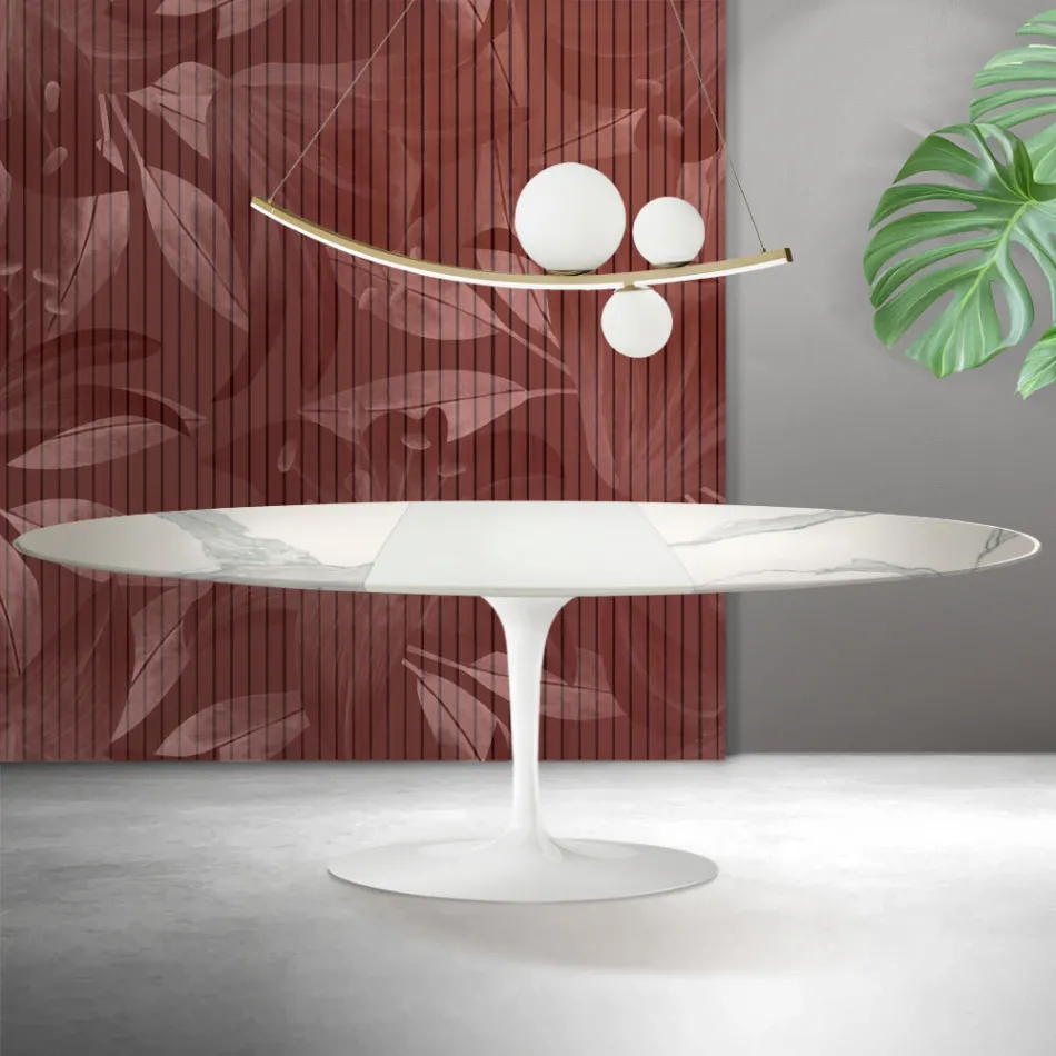 Saarinen Tulip Table H 74 cm Extendable in Florim Statuario Matte Ceramic - Scarlet Viadurini