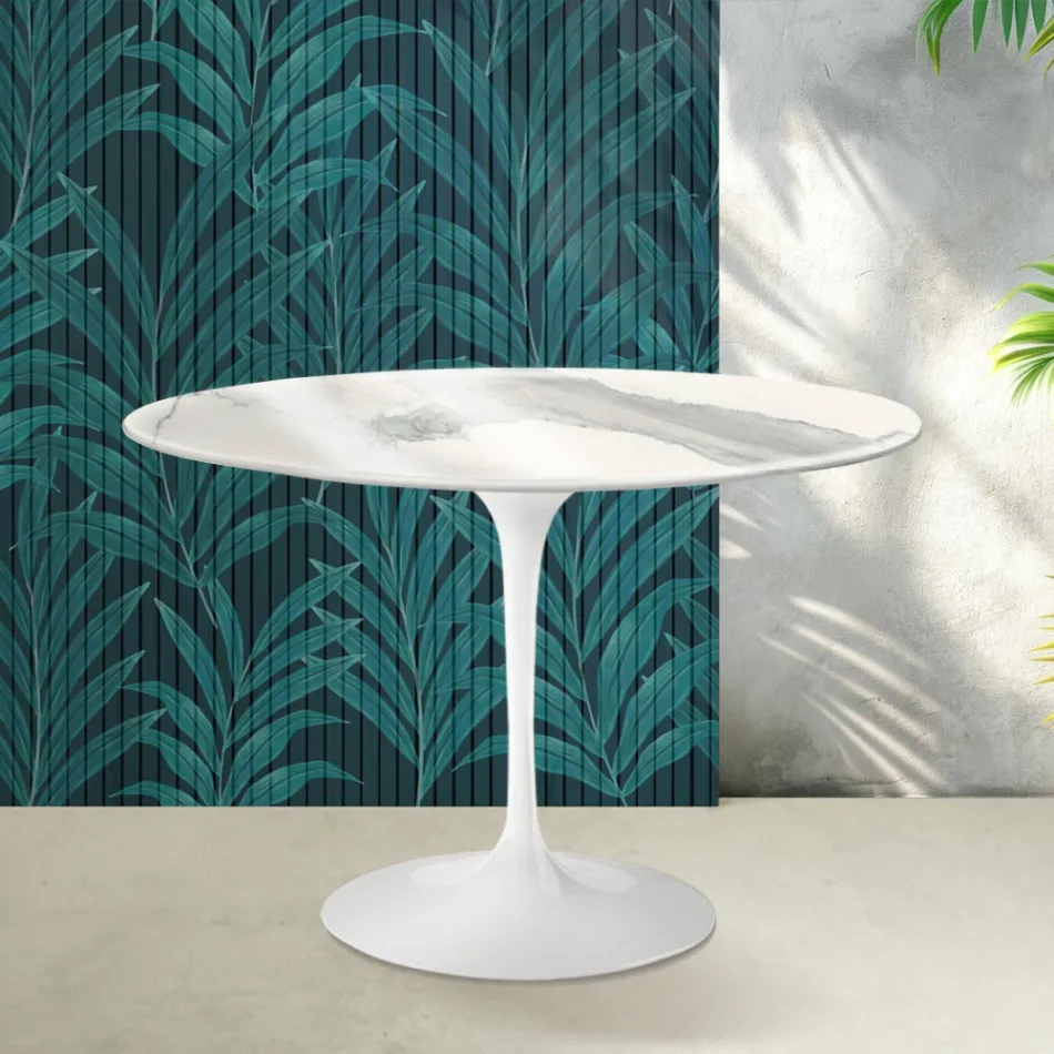 Tulip Saarinen table H 74 cm in Florim Statuario Lucido ceramic - Scarlet Viadurini