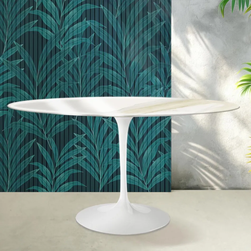 Saarinen Tulip Table H 74 cm Round in Florim Calacatta Gold Gloss Ceramic - Scarlet Viadurini