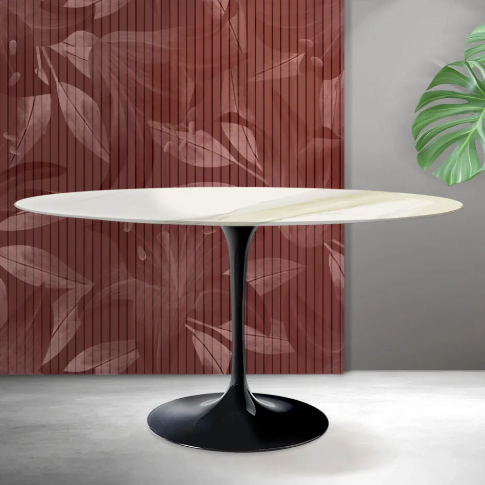Saarinen Tulip Table H 74 cm Round in Florim Calacatta Gold Matt Ceramic - Scarlet Viadurini